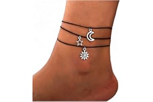 DISHOWME 3Pcs Sun Moon Anklet Star Crescent Anklet Bracelet Boho Wax Rope Beach Foot Chain Jewelry for Women Girls Teens