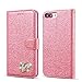 Produktbild QLTYPRI iPhone 5 5S SE Hülle, Glitzer Handyhülle PU Ledertasche TPU Etui Handschlaufe Kartenfach mit Eingelegten Liebe Herz Diamond Flip Schutzhülle für iPhone 5 5S SE - Rosa