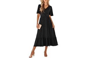 IFFEI Women Summer Maxi Dresses V Neck Chiffon Ruffle Sleeve Swiss Dots A-Line Dress Stretchy High Waist Flowy Dress