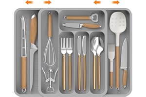KeZaara Portaposate da Cassetto 45 cm, Espandibile Porta Posate Cucina Cassetto (36,2 × 47 × 5 cm), Con 7 Scomparti, Adatto Cucchiai, Forchette, Coltelli, Grigio