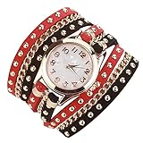 Minetom Damenmode Gewebte Seil Armband Niet-Armband Kristall Runde Quarz Armbanduhr Wristwatch ( Rot-schwarz )