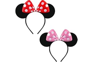HD Novelty 2 Pieces Black Mickey Mouse Ears & Minnie Mouse Ears on Alice Band with Red and White Polkadot Spotted Bow for Adults/Children Fancy Dress Costume Head Band Accessory Christmas Accessory