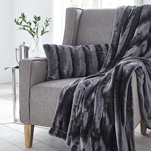 Silentnight Striped Faux Rabbit Fur Throw, Charcoal, 150 x 200 cm