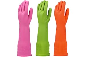 YSLON Rubber Dishwashing Glove Kitchen Cleaning Gloves 3-Pairs,Waterproof Reuseable.(Multicolor,Small)