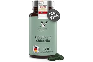 ‎BALANCED VITALITY Spirulina und Chlorella 1600 mg - 600 vegane Presslinge für 2,5 Monate - Mikroalgen ohne Zusatzstoffe - Laborgeprüft - Balanced Vitality