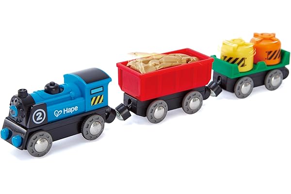 Jouet Hape Train de Marchandises à Piles - Jeu pour Enfant dès 3 Ans - Locomotive Électrique Bleue + Deux Wagons - Compatible avec Les Circuits de Marques Traditionnelles (Piles AAA Non fournies)