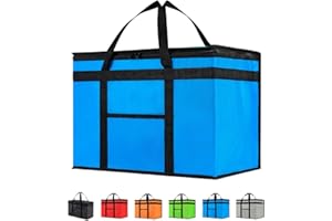 NZ Home Sac d'épicerie isotherme XXL, sac de livraison de nourriture chaude et froide, léger, pliable, lavable, très résistant, tient droit, fond et poignées entièrement renforcés (1 pièce, bleu)