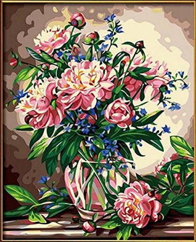 PaintingStudio Pink Peony Flower in vase DIY painting coloring by numbers kits picture 16x20 inch (Framed)