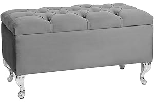 LORDLY Cassapanca Contenitore, Panca Imbottita MODIANO BL 81x42cm – Velluto, Pouf, Poggiapiedi, trapuntato puff, Seduta 2 Posti per Salotto, Corridoio, Camera da letto (Gray, Gambe Cromo)