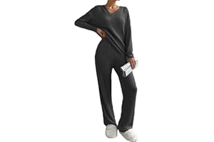 Famulily Womens Pyjamas Set Nightwear, Ladies Ribbed 2 Piece Outfits Loungewear Sets Leisure Suits Homewear V Neck Long Sleeve Jumpers and Wide Leg Trousers with Pockets