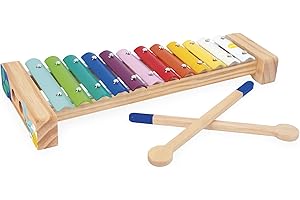 Janod - Xylophone en Bois et Métal - Instrument de Musique Enfant - 12 Touches et 2 Baguettes incluses - Jouet d'Imitation et d'Éveil Musical - Peinture à l'eau -Dès 18 Mois, J07663