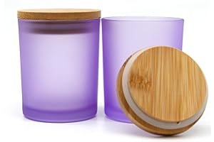 R FLORY Juego de 2 tarros de vidrio de 7 + 7 onzas, tarros de vela de vidrio grueso con tapas de bambú, soporte para botes de baño, almacenamiento de hisopos de algodón (morado esmerilado)