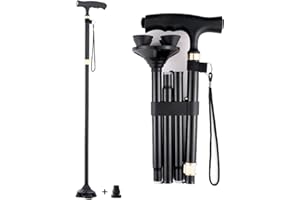 WSOBUE Bastone da passeggio pieghevole, bastone da passeggio per uomini e donne, bastone portatile con manico a T, leggero regolabile in altezza, base antiscivolo