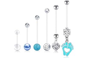 LAURITAMI 6pièces 14G Anneaux de Piericng Nombril de Grossesse Barres Bioflex Acrylique de Maternité Long Barbells Pieds de Bébé Dangle CZ Retainer Body Piercing Bijoux 14mm 18mm 25mm 32mm