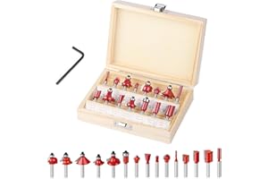Losxuido 15 pièces Fraise pour défonceuse 6 mm Tige Défonceuse Set de fraises Fraise à rainure Fraise à profiler Set de défonceuse avec coffret en bois pour travail du bois (6 mm Rouge)