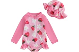 Vioyavo Infant Baby Girls Swimsuit Strawberry/Flower/Mermaid Print Long Sleeve Round Neck Swimwear Front Zipper Bathing Suit