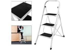 SIKY Folding 3 Thread Step Ladder Heavy Duty Steel Safety Stepladder with Handrail Support Non Slip Mat Tread for Kitchen Home Garden Office