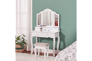 COLORSTONE Vanity Set, Vanity Makeup Desk with Cushioned Stool 4 Drawers, Makeup Dressing Table with Tri-Folding Mirror Furniture Set for Girls Women(White,No Led)