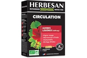 HERBESAN – CIRCULATION BIO – Vigne rouge, Marronnier d’Inde, Hamamélis, Ginkgo Biloba – Fabrication française – 20 ampoules de 10ml