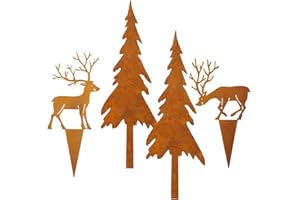 ‎STORM'S GARTENZAUBEREIEN Storm's Gartenzaubereien Gartenstecker Hirsch mit Tannen 4er Set - Weihnachtsdeko in Rostoptik zum Stecken