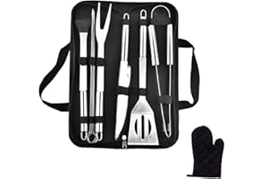 Emwel BBQ Grill Tools Set, 9 Pieces Stainless Steel BBQ Tool Sets +1 Barbecue Gloves, Outdoor Barbecue Grilling Utensil with Storage Case