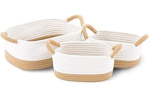 YOUDENOVA Juego de 3 cestas de almacenamiento de cuerda de algodón trenzadas para estantería y armario, organizador con asa, en cuarto de baño, habitación de los niños, dormitorio, marrón/blanco