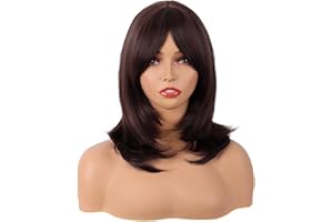 MapofBeauty 18 Zoll/45 cm Layered Bangs Gerade Synthetische Faser Schulter Länge Haar Tägliche Verwendung Perücke (Dunkel Braun)