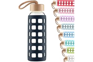 Cleesmil Sports Glass Water Bottle with Silicone Sleeve with Bamboo Lid BPA Free 660 ml （Navy Blue）