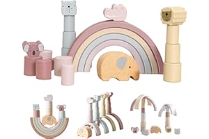 Smartwo Wooden Rainbow Stacking Toy, 21 PCS Montessori Building Blocks for 2 3 4 Year Old, Pastel Stacker, Stacking & Balancing Games, Toddler Travel Activities, Neutral Colored Gift for Boy Girl