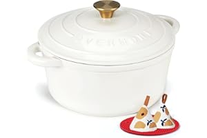 ‎OVERMONT Overmont Bräter emaille Gusseisen Topf - Schmortopf 26cm backofengeeignet - mit Deckel und Kochbuch - für Küche Backen Schmoren Braten Perlweiß