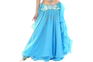 YuanDian Donna Sala da ballo colore solido di danza del ventre a lungo a doppia apertura Gonna foglie arricciate Gonna Modern Dance Costume Full Circle abito da ballo Gonne Taglia unica lago Blu