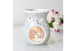 IZEERA Silver Flared Crackle Oil Burner Small Lustre Mosaic Wax Melt Burner Single Tea Light Candle Holder Aroma Gift Lamp, for Women Men
