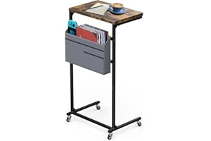 HOMYHANDS 80CM C Shaped End Table with Wheels, Small Side Table for Bedside, Couch and Recliner, Tray with Storage Bag for Living Room & Bedroom (Rustic Brown)