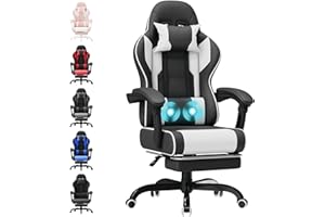TRIUMPHKEY Gaming Chair for Adults with Footrest, Ergonomic Computer Chair with Massage Lumbar Support, Reclining Backrest, Swivel Office Gamer Chair with Headrest, White