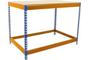 Simon Rack Banco de Trabajo Taller, Mesa de Trabajo Taller, Carga Máxima 400 kg, 900x1200x900 mm, Bricolaje, Azul/Naranja/Madera - BT-Basic