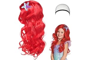 HIULLEN Peluca infantil de sirena, peluca Ariel para niños, accesorios de disfraz para niños, color rojo, largo y rizado, para carnaval, fiesta temática, cosplay