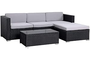 EVRE California Rattan Garden Furniture Set 5 Piece Seat 3 Sofa 1 Ottoman 1 Coffee Table Outdoor Wicker Weave Lounge Sofa and Glass Top Table with Cushions (Black)