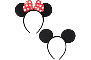 HD Novelty 2 Pieces Black Mickey Mouse Ears & Minnie Mouse Ears on Alice Band with Red and White Polkadot Spotted Bow for Adults/Children Fancy Dress Costume Head Band Accessory Christmas Accessory
