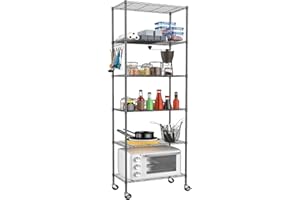 Himimi 6-Tier Standing Storage Shelf with Wheels,Height Adjustable, Heavy Duty Shelving Unit with Hook for Bathroom Kitchen Garage Bedroom Black