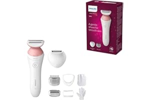 Philips Afeitadora de Mujer Serie 6000, 6 accesorios, Incluye Perfilador Bikini, Guante Exfoliante, Peine Guia y Cepillo de Limpieza, BRP146/00, Blanco