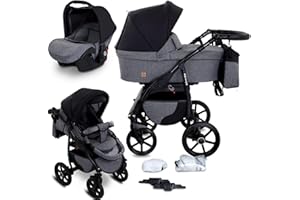 GaGaDumi Boston 3 en 1 Cochecito para Bebé con Silla de Auto - Carrito de Bebé Completo con Ruedas Grandes, Bolso y Accesorios Incluidos - Homologado TÜV Gris Negro