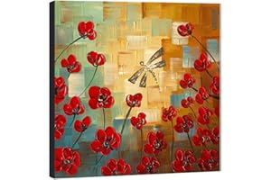 Wieco Art - Dragonfly Modern Flowers Artwork 100% Hand Painted Stretched and Framed Floral Oil Paintings on Canvas Wall Art Ready to Hang for Bedroom Kitchen Dining Room Home Decorations
