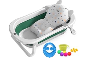HyAdierTech Vaschetta Bagnetto, Vasca da Bagno Pieghevole per Bambini con Indicatore di Temperatura,Vaschetta Bagnetto Antiscivolo Portatile con Cuscino e Tappo di Scarico,per Neonati (Verde)