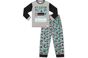 THEPYJAMAFACTORY Pijama largo de algodón con texto "Not Sleeping Just Recharging", color gris y rojo