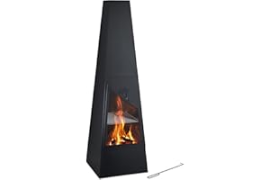 Relaxdays Chimenea Exterior con Barbacoa, Caja Cenizas, Salvachispas, Atizador, Parrilla Jardín, 149x44,5x44,5 cm, Negro