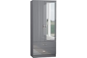 Nera High Gloss 2 Door Wardrobe with Drawers and Hanging Rail Slim Wardrobes for Small Bedrooms Storage (With Mirror Grey Gloss (Matt Grey))