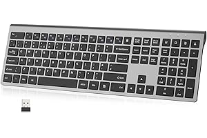 PINKCAT 2.4G Wireless Keyboard, Rechargeable Ultra Slim Ergonomic, Full Size, QWERTY UK Layout Silent Keyboard, 12 Multimedia Shortcut Keys for PC/Desktop/Laptop/Mac in Windows/macOS (Gray)