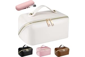 EECH Kosmetiktasche Reise Damen,Make Up Tasche mit Groß Kapazität,PU Leder Portable Schminktasche Kulturtasche Organizer,Beauty Case für Reisezubehör Travel Essentials Women(Glatt-Weiß)