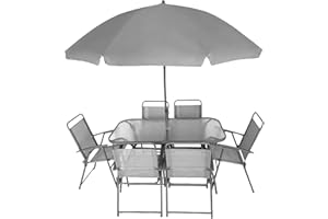 ECASA 6 or 4 seater garden furniture set. Outdoor patio sets with parasol. Metal garden table chairs and parasol featuring folding chairs, a tempered glass top garden tables and umbrella. (6 Seater)