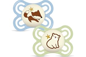 MAM Perfect Night Schnuller | 0-6 Monate | leuchtende Babyschnuller | 94% Akzeptanz | von Experten empfohlen | beugt Zahnfehlstellungen vor | SkinSoft Silikon | Fuchs/Bär | 2 Stück